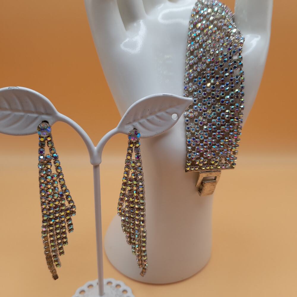 Vintage AB Rhinestone Bracelet Earrings Set Wide Silver Tone 1990s Glam